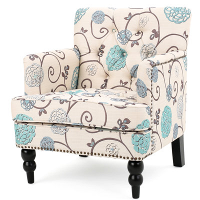Fauteuil de vélo à la mode, tissu blanc et bleu, coutures en losange, bordure cloutée, support en bois de bouleau, P 32,67 po x l 28,3 po, H 34,51 po, bleu club, pieds, P 32,67 po, piqûres et accents
