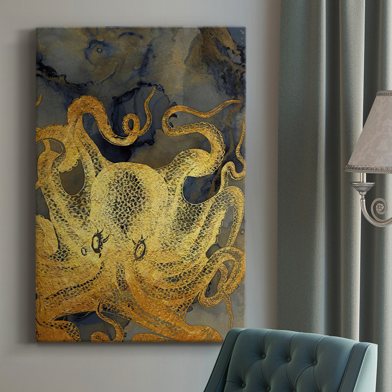 «Octopus Ink Gold & Blue II», toile tendue avec châssis de qualité supérieure - prête à être accrochée