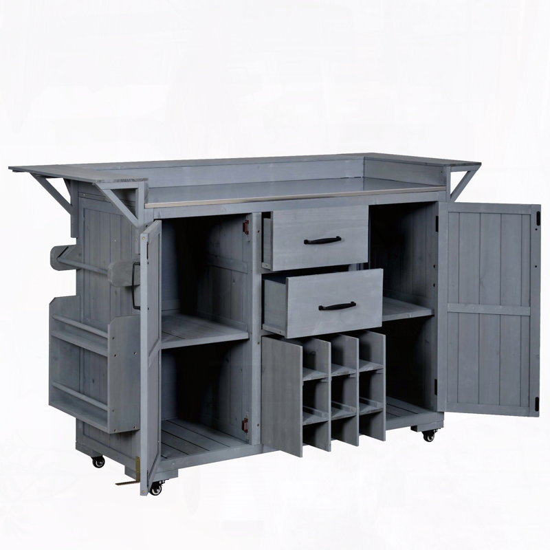 60.2" Outdoor Kitchen Island with Wheels – Stainless Steel Top, Wine Rack, Natural