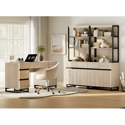 Home Office Furniture Set: 59In Modern Executive Desk With Charging Station & Drawers And 2 PCS 72In Tall Bookcases With Storage Cabinet, Home Office