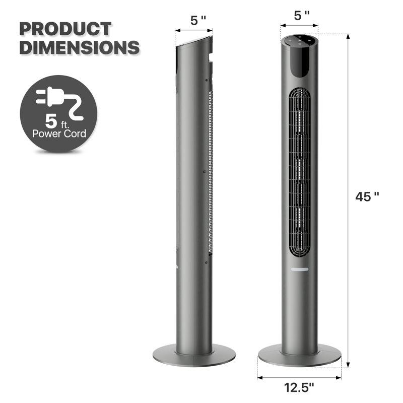 45" Bladeless Tower Fan, 70 Degree Oscillating Floor Fan with Remote, 8 Speed, 4 Modes, 12H Timer, Space Gray