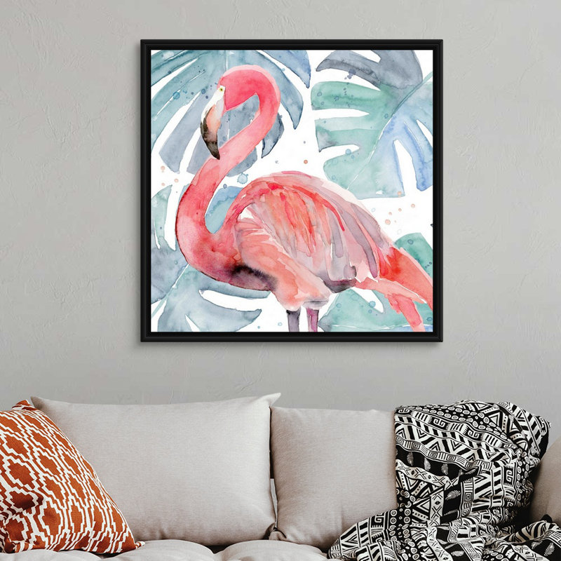 «Flamingo Splash II», art mural sur toile, Toile avec cadre noir, H 38 po x l 38 po
