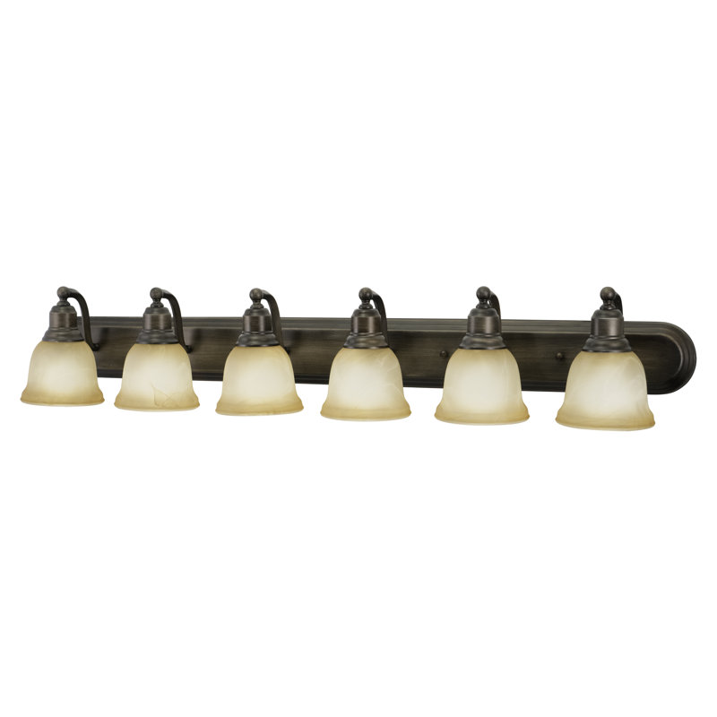 Luminaire de salle de bain transitionnel 6 lumières en bronze parisien Sutherland de 48 po de largeur, abat-jour en verre albâtre ambré, à intensité variable, compatible avec DEL, fixation murale au-dessus du miroir, plaque arrière complète