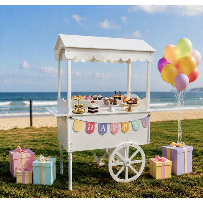 70.08" Tall Freestanding Foldable Wood Decorated Candy Cart Display Stand with Decorative Wheels & Roof, White