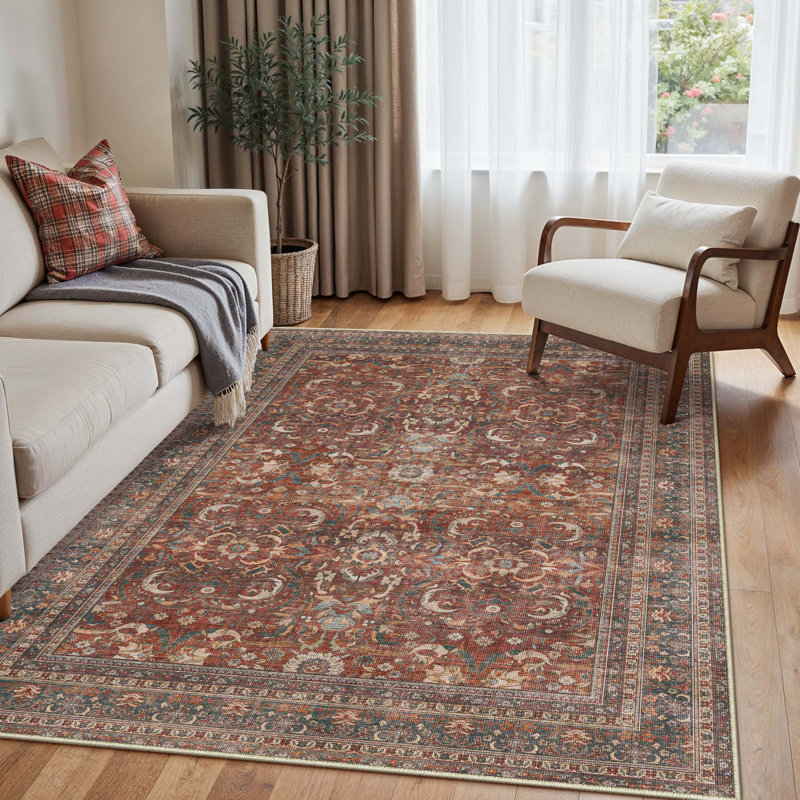 Machine Washable Vintage Floral Area Rug With Non-Slip Rubber Backing, Rectangle 3' x 5'