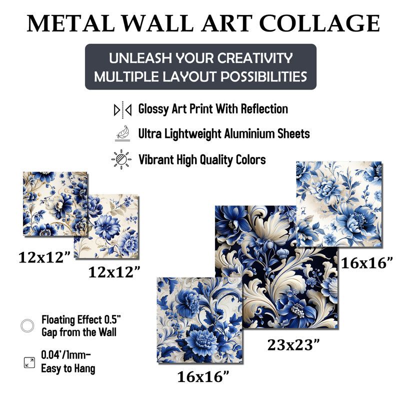 Cobalt Blue and White Floral Metal Wall Art Set of 5 Panels