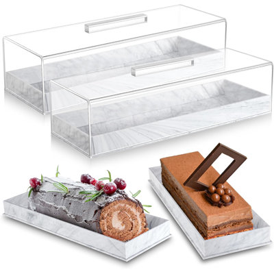 2 Pcs Rectangular Serving Tray With Lid Grey Black Marbleized Grain Rectangular Cake Stand Acrylic Cake Holder Rectangle Pastry Display Case Elegant Marble Dessert Tray With Lid ,Grey