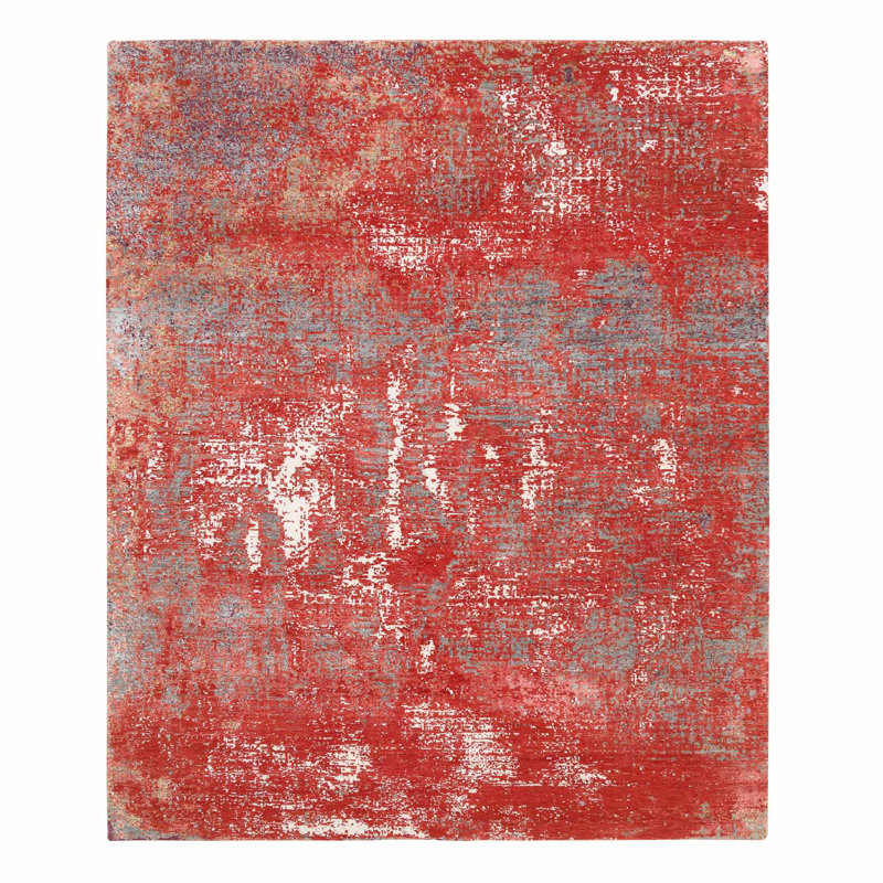 Tapis oriental noué à la main 8 pi x 10 pi rouge, moderne, tissé népalais, en laine et en soie à base de plantes BB0CA5B5C01C4D4B84506A17F90FF713
