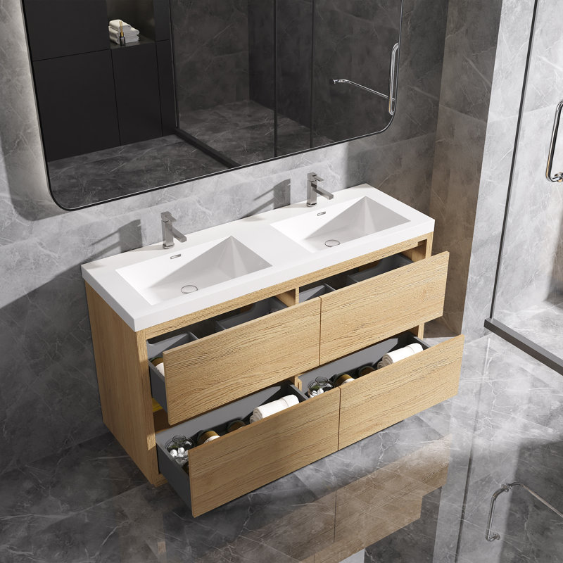 Meuble-lavabo autoportant avec comptoir à double surface en blanc pour salle de bain, 60", Brun