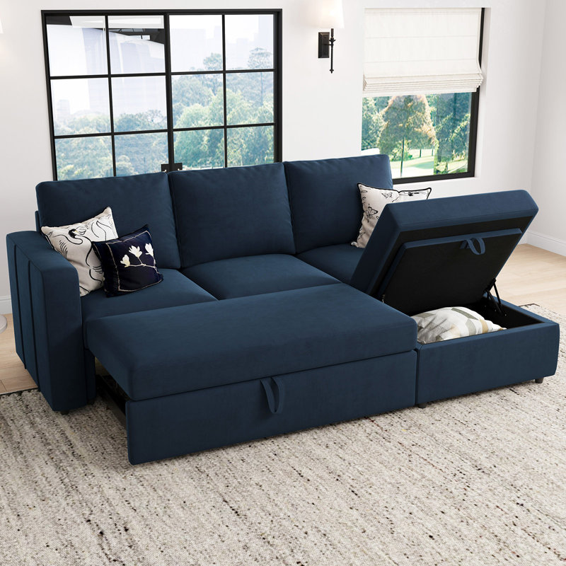 Canapé-lit modulaire en L avec rangement Rafael, Velours bleu