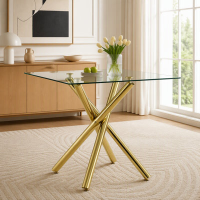 Table de bar moderne avec plateau en verre trempé et pieds croisés