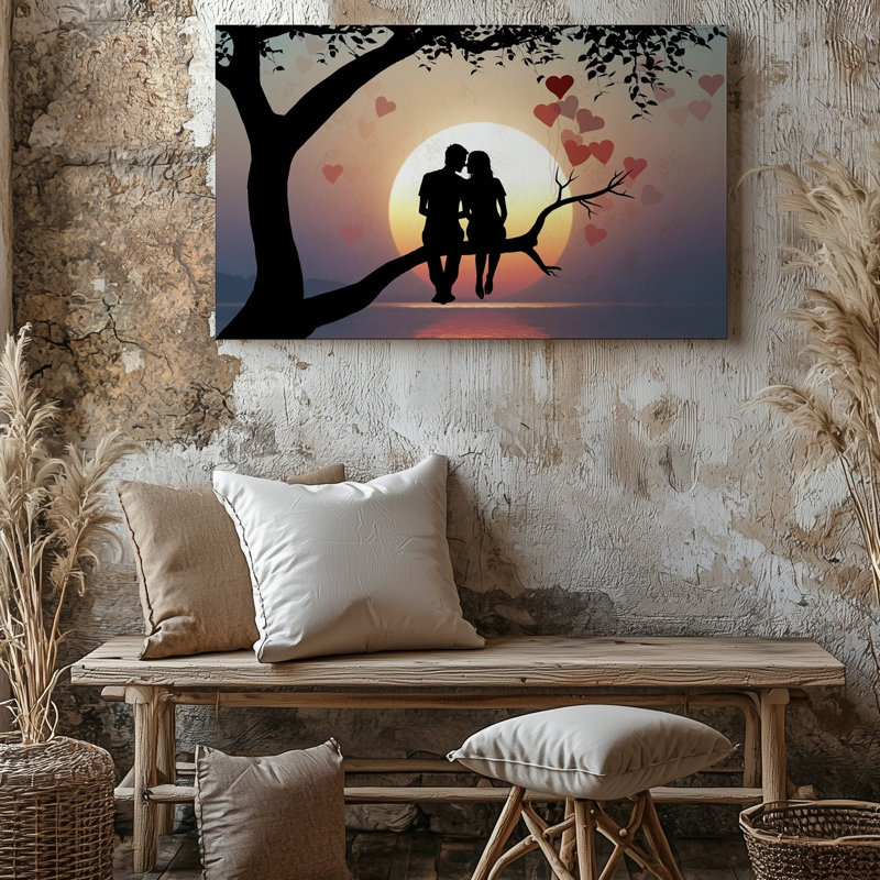 Toile, scène sereine au coucher du soleil avec un couple de silhouettes assis de près, art mural sur une branche d'arbre entouré d'un cœur délicat