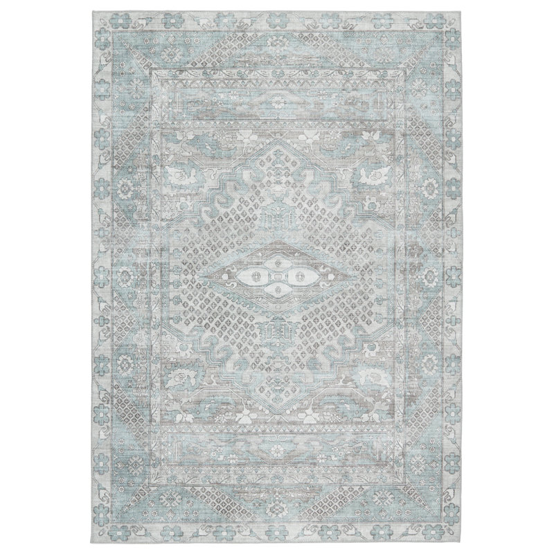 Tapis gris clair / bleu sarcelle performant lavable à la main Issa, Rectangle 9 pi x 12 pi