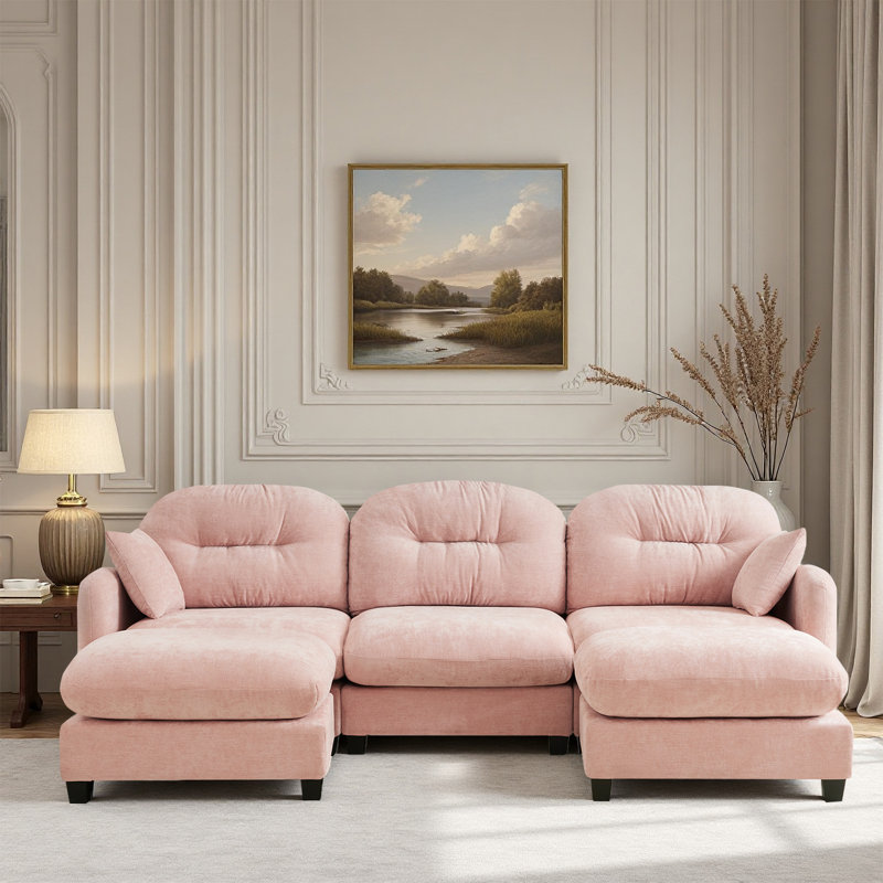Sectional U Shaped Couch With 2 Ottoman, Chenille Sofa, Pink Chenille