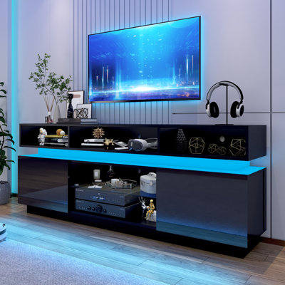 71 Inch High Gloss LED TV Stand with Power Outlets, Modern Tall Entertainment Centre for TVs Up to 80 Inch, Gaming Media Console for Living Room