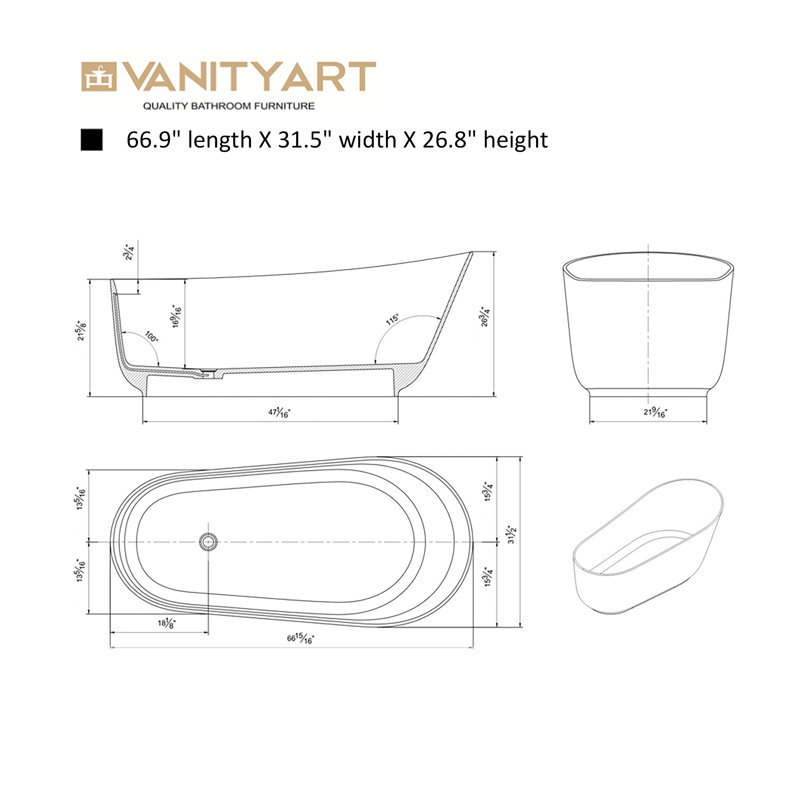 Baignoire de trempage autoportante 59 "x 30", L 67 po x l 32 po