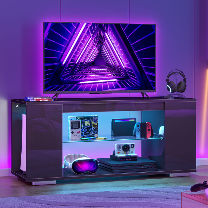 TV Stand for TVs Up to 55" High-Glossy TV Console with LED Lights and Storage, Black
