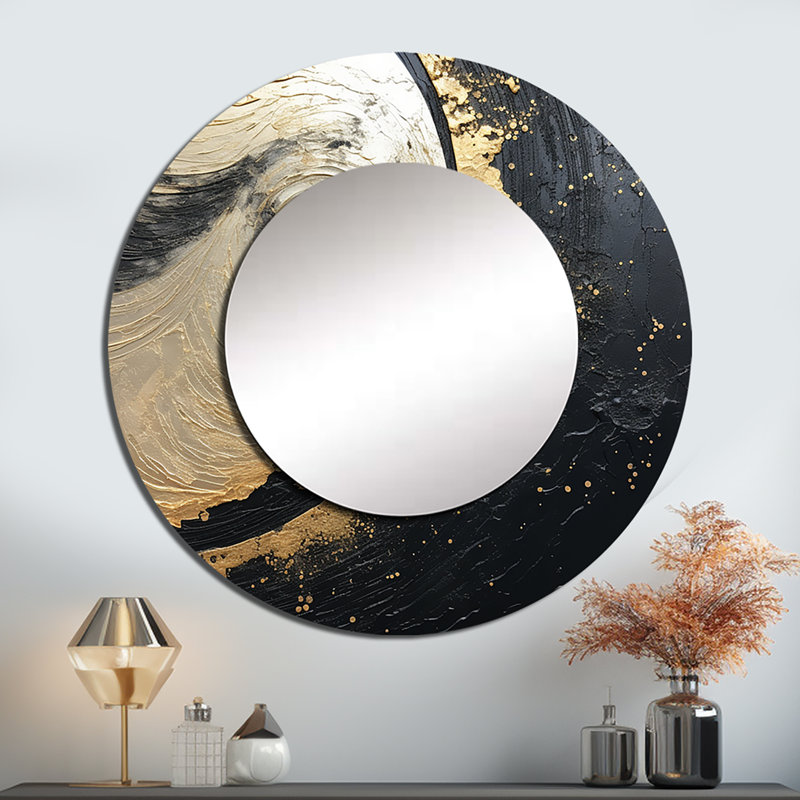 Black And Gold Abstract Meditation III - Abstract Painting Large Mirror, Beige Round Unique Wall Mirror Decor, Printed Metal Art