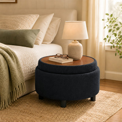 25" Round Storage Ottoman with Reversible Wood Tray Top, Black Fabric Tufted Footrest and Coffee Table, Hidden Storage for Blankets & Pillows, Sturdy Side Table for Living Room & Small Spaces