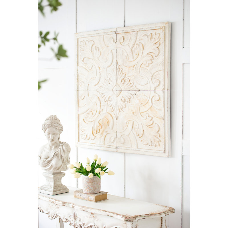 17.5X17.5" Natural Fir Wood Panels, Distressed White-Wash, Intricate Medallion For Multiple Interior Themes Wooden 100% Wood, Accent Diverse Styles
