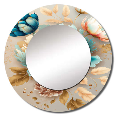 Shoso Multi-Color Blooming Flowers I - Floral Decorative Mirror, Traditional Round Wall Mirror, Printed Metal Art