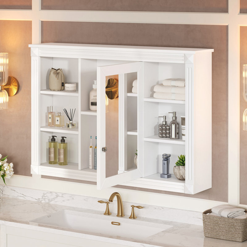 Armoire de rangement murale de salle de bain moderne de 42 po, miroir inclus, solution polyvalente, charnière de porte, 5 tablettes et plus, blanc pour amélioration