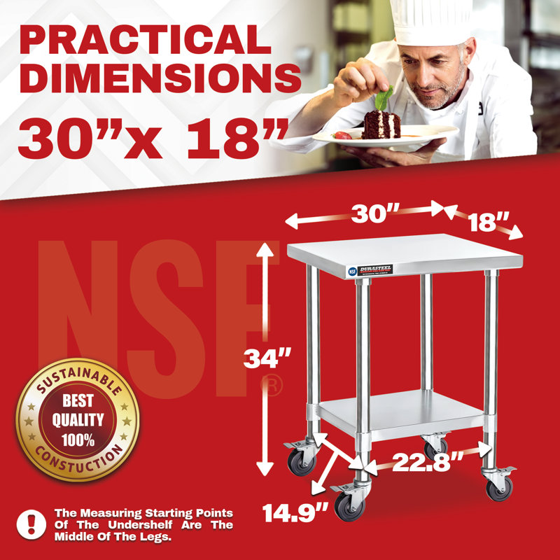 Table de travail en acier inoxydable avec tablette inférieure / Taille: H 34 po x l 18 po x L 30 po