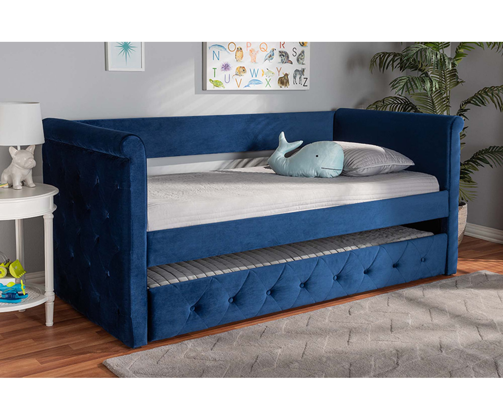 Samitha Daybed with Trundle, Twin, Navy Blue Velvet