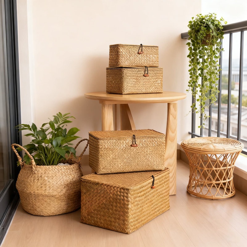 Paniers de rangement tissés en ruppie maritime avec couvercles, 4 paniers de rangement rectangulaires pour l'organisation de tablettes à la maison, décor en rotin naturel