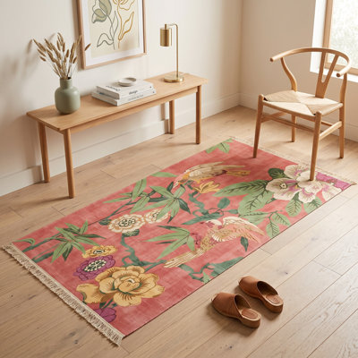Tapis antidérapant en coton à motif floral et oiseaux Aurelia Chinoiserie (81 cm x 150 cm)