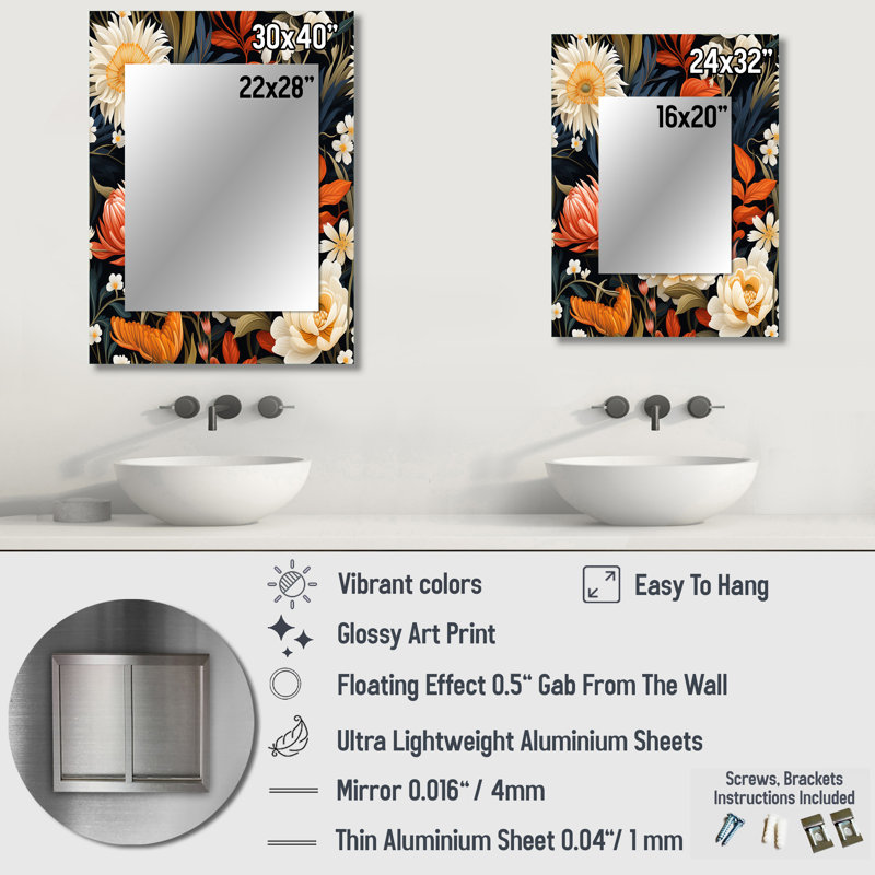 Motif tropical Bohara orange et beige - miroir mural floral, miroir décoratif floral, impression d'art en métal