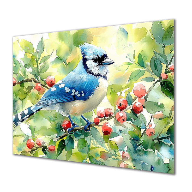 Geai bleu perché sur une branche III - reproduction d'art moderne en métal, décoration murale oiseau en métal
