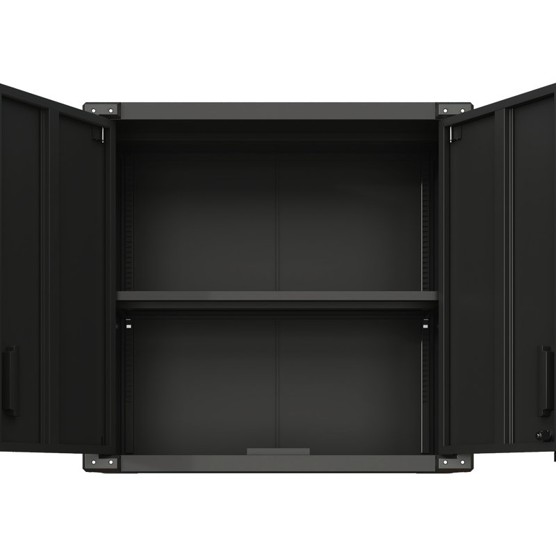 Metal Tool Cabinet For Warehouse. 2 Locking Doors, 1 Adjustable Shelf, Opened Drawer. Space Efficient Wall Mounted Storage Unit With Shelf And For Garage, Warehouse, Office. , Black, Modern