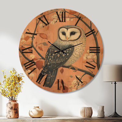 Grande horloge murale Peach Berry Perch - Owl, imprimée sur bois