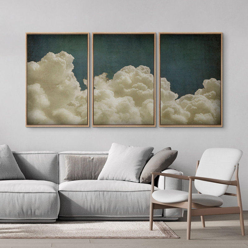 Vert, bleu marine, nuages pastel, paysages abstraits, décorations murales minimalistes rétro Moody 3, 3 pièces, Naturel