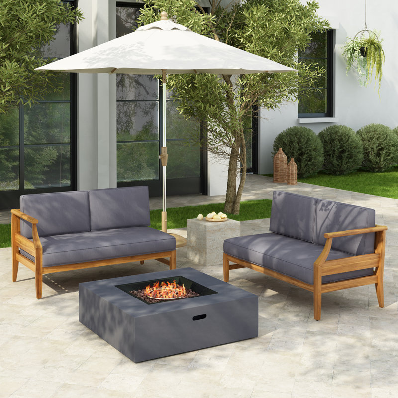 Trishul Outdoor Acacia Wood Sectional Sofa with Cushions, Dark Gray