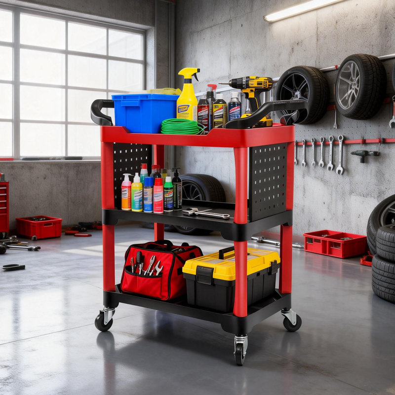 Chariot de décoration à 3 niveaux avec panneau perforé, chariot à outils robuste de capacité de 260 lb pour le garage, le détail automobile et les réparations