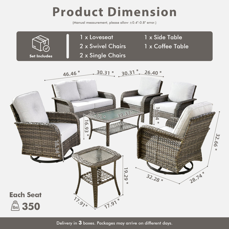 Allcot 6 - Person Wicker/Rattan Outdoor Loveseat Seating Group with Coffee Table and Cushions, All Weather Conversation Set for Garden Backyard
