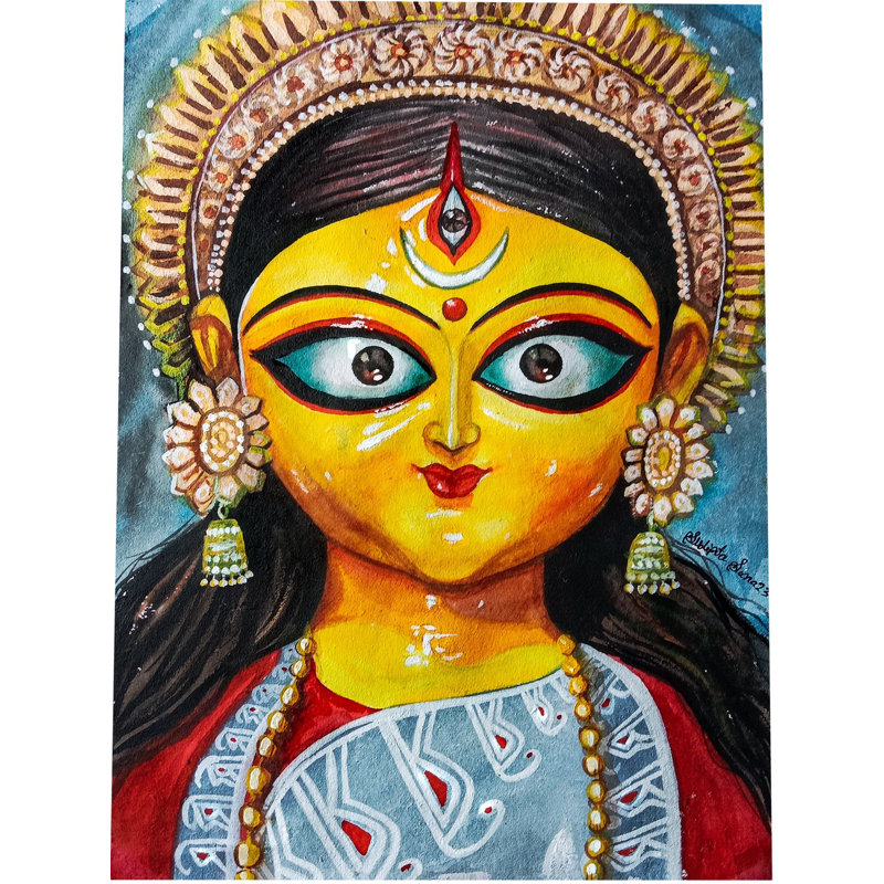 «Three Eyes Goddess Durga», peinture à l'aquarelle sur papier - Art spirituel indien contemporain de 15 po x 11 po par Sudipta Sana