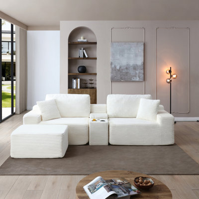Modular Sectional Sofa With Deep Seat, Corduroy Fabric, Cup Holders, USB Ports, And Storage Box, No Assembly Required, Beige