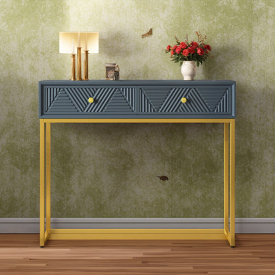 Narrow Gray Console Table With Modern Striped Appearance And Double Drawer Storage, Suitable For Living Room And Hallway