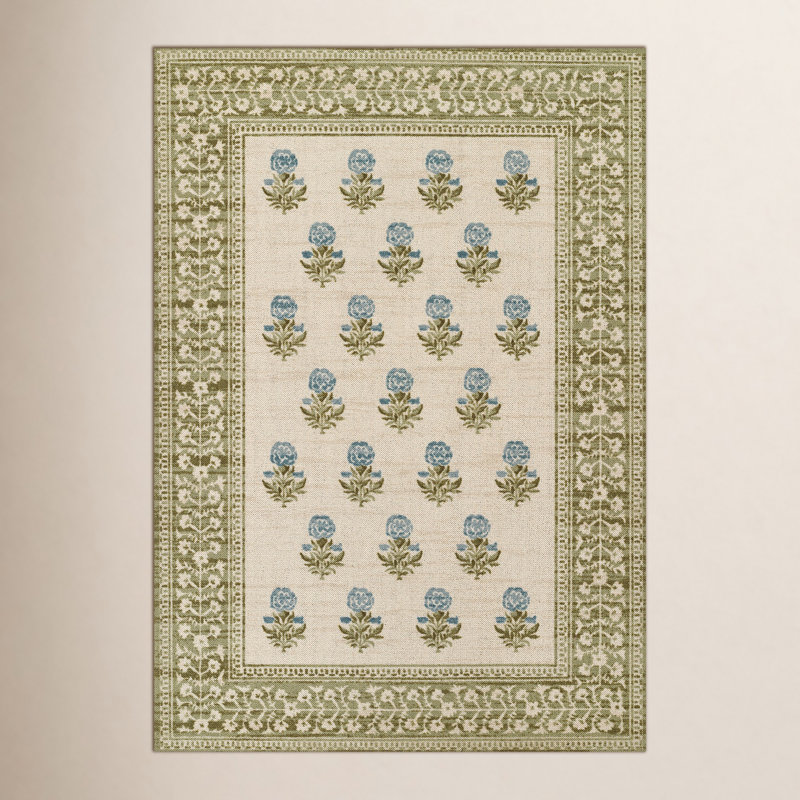 Anders Traditional Floral Wool and Nylon Green Area Rug, Rectangle 2' x 3'