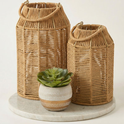 Natural Jute Boho Lanterns - Handcrafted Coffee Table Decor To Enhance Your Home - Modern Decorative Farmhouse Beauty For Living Room, Patio & Front Porch, Indoor And Outdoor Or Kitchen Dining Table