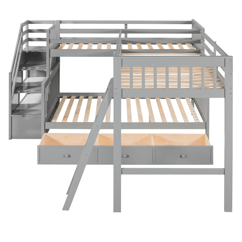 Lit superposé simple au-dessus d'un lit double en L gris. 3 tiroirs pratiques. Bois massif. Barrière de sécurité sécuritaire. Dimensions 118,3 x 96,8 x 61,2. Assemblage requis, gris. Rangement supplémentaire. Cadre en bois.