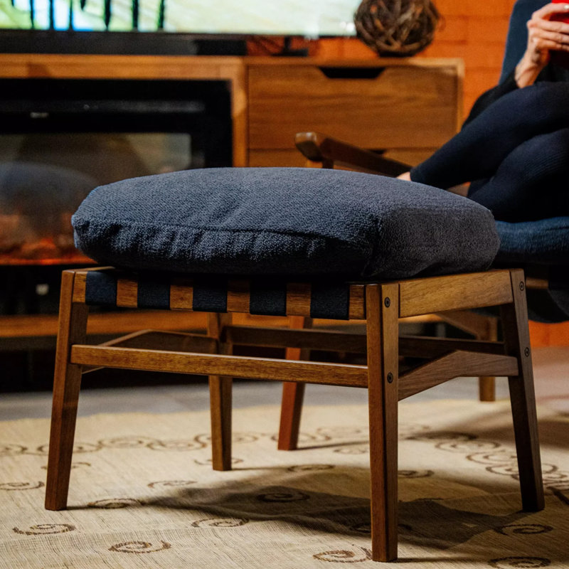 Mid Century Solid Wood Ottoman, Indigo Blue, Brushed Walnut
