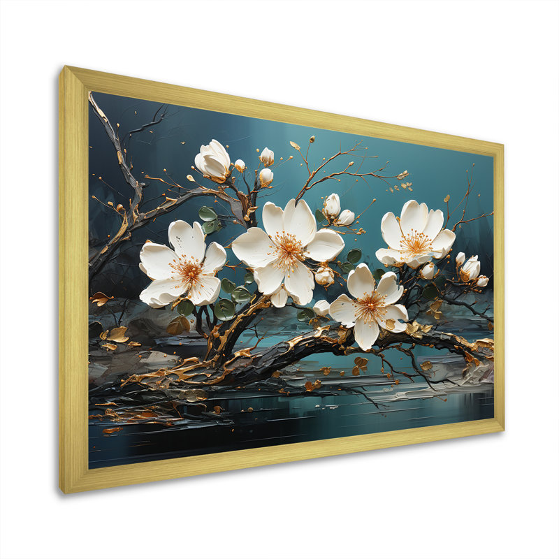 «White and Gold Charming Spring Flower Elegance I», art mural fleurs, Cadre d'angle fermé doré, H 16 po x l 32 po x P 1 po