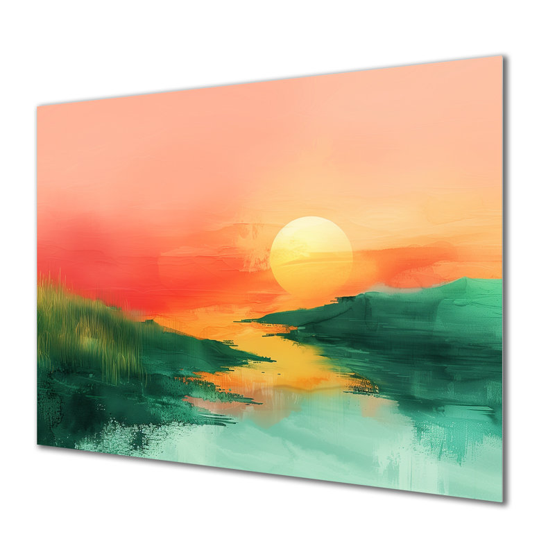 Vert, rouge, magique, coucher de soleil, dunes II - désert, art mural, salon, H 16 po x l 32 po x P 1 po, Sans cadre en métal