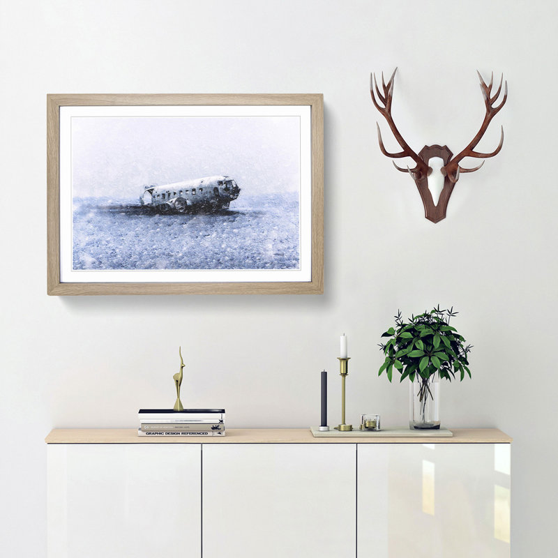 The Solheimasandur Plane Wreck in Iceland - Picture Frame Painting Print, 27cm H x 36cm W x 2cm D, Oak Framed
