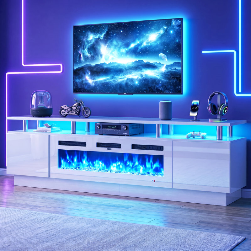 90" 2-Tier High Gloss TV Stand With Electric Fireplace Included, LED Light Strip, White