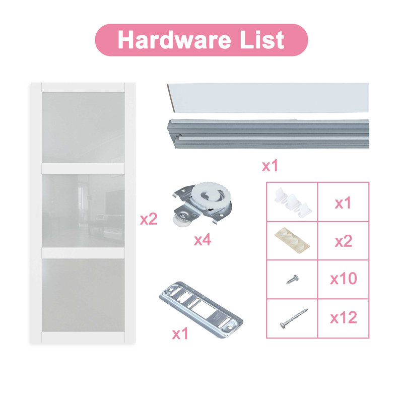 96"H Full-Assembled 3-Lite Primed Frosted Closet Sliding Doors With Hardware Kit & Handles, 60" x 96"
